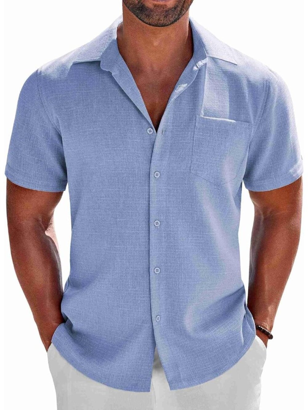 Men's Light Blue Short Sleeve Casual Summer Beach Linen Button Down Shirts